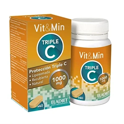 Imagen de Vitamina C 1000 mg para Reforzar tus Defensas Vit&amp;Min Triple 40 Comprimidos Ayuda a tu Sistema Inmune Propiedades Antioxidantes Favorece la Síntesis del Colágeno Eladiet