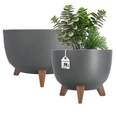 Imagen de KADAX macetero de plástico con 3 soportes, cuenco redondo para flores, macetero, balcón, salón (juego: 29 cm + 39,5 cm, antracita)