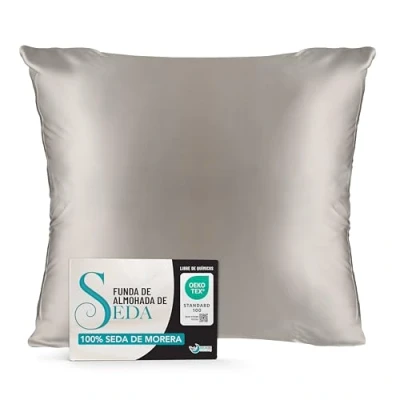 Imagen de Funda de Almohada Seda 60x60 cm 100% Natural 19 Momme con Beneficios para el Pelo y la Piel Antiarrugas &amp; Antiacaros Gris Plateado