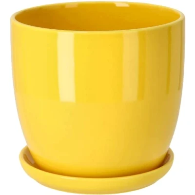 Imagen de KOTARBAU® Macetero con Plato de Ceramica esmaltada, 13 cm, Maceta para Interiores y Exteriores, Tiesto Decorativo Plantas, Amarilla Orificio Drenaje