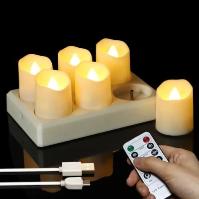 Imagen de FREEPOWER 6 velas de Té LED recargables USB con estación carga, eléctricas mando a distancia, temporizador, intensidad regulable, blanco cálido, decoración navideña, diámetro 4 x 4.5cm