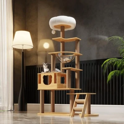 Imagen de Mekidulu Rascador para Gatos Grandes,165 cm Arbol con 12 Postes, 1 Casa Gatos,Cápsula Espacial Transparente, 3 Plataformas,Pompón,1 Escalera de sisal moler Garras(Color Madera