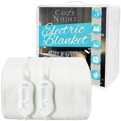 Imagen de Cozy Night Manta eléctrica de tamaño doble, doble control, con calefacción 3 ajustes calor, lavable a máquina, protección contra sobrecalentamiento, correas esquina, 192 x 140 cm largo