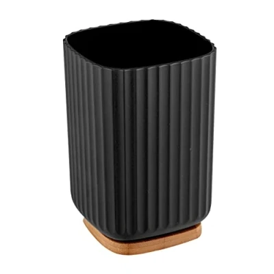 Imagen de Wenko Vaso para Cepillo de Dientes Rotello, plástico, cepillos Dientes, y Base bambú, Guardar Utensilios, con Estructura Acanalada fácil sujeción, Ø 8,6 x 11,1 cm, Negro/Natural