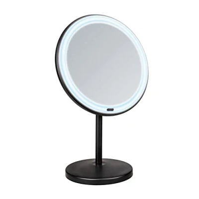 Imagen de WENKO Espejo cosmético de pie con LED Onno, Regulable iluminación y 5 aumentos, Interruptor Encendido/Apagado táctil, Funcionamiento Pilas o Cable USB, 20x34x13,5 cm, Negro