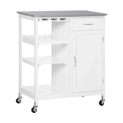Imagen de HOMCOM Carro de Cocina con Ruedas Carrito Servicio 1 Cajón Estantes Extraíbles Botellero para 4 Botellas y Armario Comedor Salón Carga 40 kg 76x48x88 cm, Madera ingeniería, Blanco