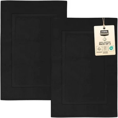 Imagen de Utopia Towels 2 alfombras de baño algodón, (53 x 86 cm), 100% algodón Hilado en Anillos Toalla para Ducha Altamente Absorbente y Lavable a máquina (Negro)