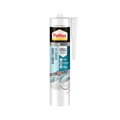 Imagen de Pattex Baño Sano, silicona antimoho e impermeable, blanca duradera para cocina y baño, resistente sanitaria, 1 cartucho x 280 ml