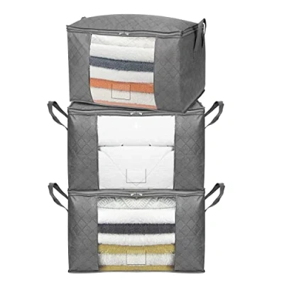 Imagen de Amazon Basics Organizadores plegables con ventanilla transparente y asas, 3 Unidad, cubos cremallera, Grande, Claro