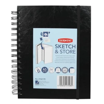 Imagen de Derwent Cuaderno de Bolsillo y Tapa Dura para Hacer Bocetos, Dibujar Escribir Tamaño A5, 56 Hojas, Papel Libre Ácidos, Bloc Notas Espiral, Calidad Profesional, 2102179
