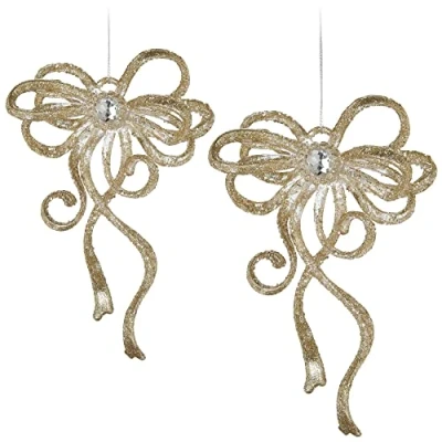 Imagen de com four® 2X Adornos para árboles de Navidad en Forma Lazo navideños Colores Festivos Colgantes Brillantes (Lazo Dorado)