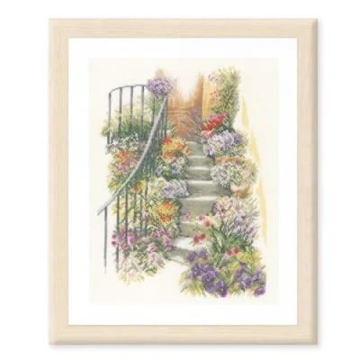 Imagen de LANARTE Flower Stairs Kit de Punto Cruz con diseño Escalera Flores (Lino), Cotton, Colores Variados, ca. 27 x 37 cm / 10,8&quot; 14,8&quot;