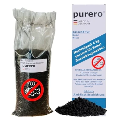 Imagen de purero® Recambio de carbón activo 4 kg apto para campanas extractoras Berbel con revestimiento antipeces Pellets Fabricado en Alemania