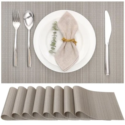 Imagen de Myir JUN Salvamanteles Individuales Juego de 8, Lavables Manteles Plásticos Vinil Esteras, Resistentes al Calor Antideslizante Fácil Limpiar y Impermeable 30x45cm(Plata Dorado)