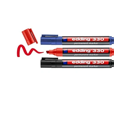 Imagen de edding 330 marcador permanente negro, rojo, azul 3 rotuladores punta biselada 1 5 mm resistente al agua, de secado rápido, indelebles para cartón, plástico, vidrio, madera, metal