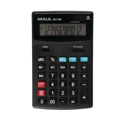 Imagen de Maul calculadora Comercial MCT 500, con Funciones comerciales y Pantalla de 12 dígitos, en ángulo Grande, Incluye impuestos, Solar/Batería, Negro