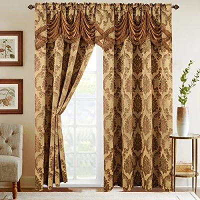 Imagen de Elegant Comfort Juego de Paneles Cortina Aspecto Jacquard con Cenefa Cascada adjunta (Juego 2), 54 x 84 Pulgadas, Dorado/Gris Pardo