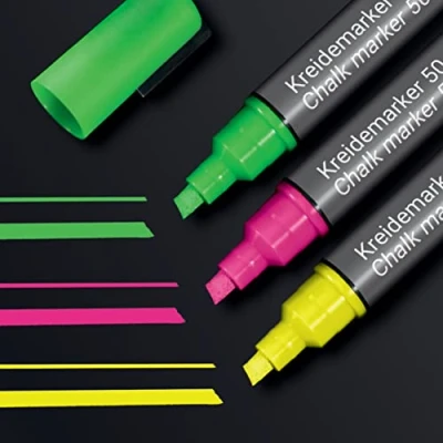 Imagen de SIGEL BA182 Juego de 3 rotuladores tiza líquida 50, borrables. Puntas biseladas 1 5 mm, rosa/verde/amarillo
