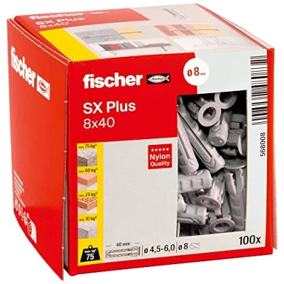 Imagen de fischer 568008 Taco de expansión SX Plus 8x40, caja con 100 anclajes nylon, para una sujeción óptima al fijar en hormigón, ladrillo macizo, (Caja unidades)