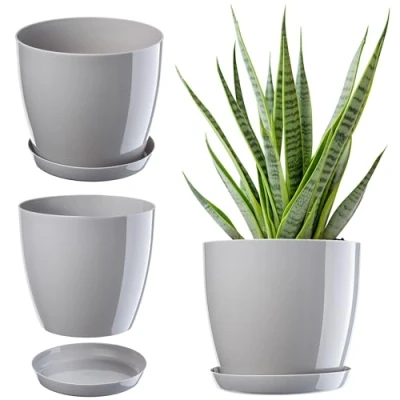 Imagen de KADAX maceta con plato, redonda para interiores, elegante de plástico, ligera flores y plantas el hogar (18 cm diámetro, color gris)