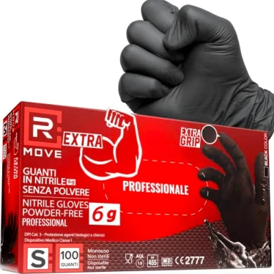 Imagen de R MOVE 100 guantes de nitrilo negros 6 gramos extra resistentes 60% más grosor en el dedo que 3,5 g. sin polvo, látex, para mecánicos, tatuadores, restaurantes, desechables (S)