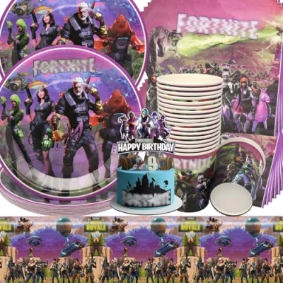 Imagen de Vajilla de cumpleaños Videojuegos,Doyomtoy 62 piezas Decoración Mesa Game Platos Servilletas Vasos para Fiesta niños