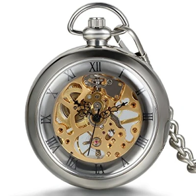 Imagen de JewelryWe Reloj de Bolsillo mecánico Cuerda Manual, clásico Retro Bronce, Pantalla Dual Hueco, Antiguo (G)