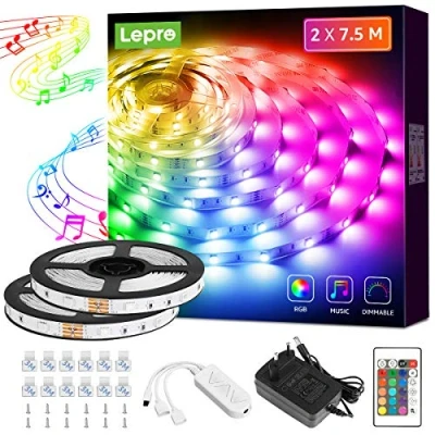 Imagen de Lepro Tiras LED 15M, Luces Habitacion 15M RGB Multicolor, Música 12V 24 Teclas Control Remoto, SMD 5050 Strip para Docorativa Fiesta, TV, Cocina, Dormitorio etc(2 * 7.5M)