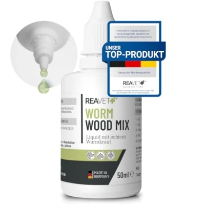 Imagen de ReaVET Gusano Hierba Líquido Gotas Líquidas 50 ml Tratamiento de Segunda para Todas las Mascotas, Perro, Gato, Formulación Natural, Secretante Antihelmíntico, No Antihelmíntico