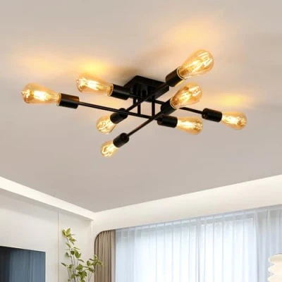 Imagen de Osairous Lampara Techo Vintage, 8 Luces Dormitorio, Negro Plafon De Techo, E27 Salon, Industrial Diametro 57cm