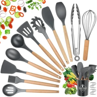 Imagen de Utensilios Cocina de Silicona, hicoosee 22 Piezas Juego Silicona con Mango Madera para Utensilios, Sin BPA Resistentes al Calor y Antiadherentes 10 S Ganchos, Gris 01