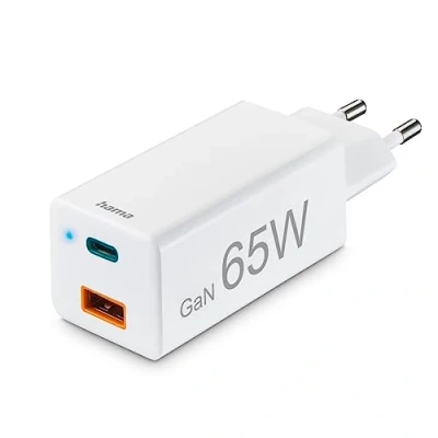 Imagen de Cargador Hama GSM Mini, 65W, 220V, Carga rápida, USB a y C, 2 dispositivos la vez, Blanco