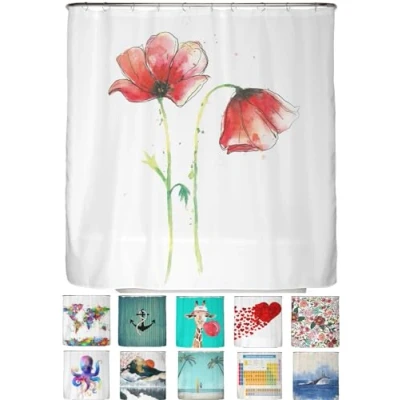 Imagen de arteneur® Cortina de ducha antimoho, 180 x 200 cm, con certificación Öko Tex Standard 100, dobladillo peso, opaca, impermeable, lavable, 12 anillas y amapola