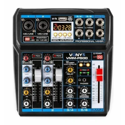 Imagen de VONYX VMM P500 Mezclador de Directo con 4 Canales Efectos DSP, EQ en los Dos Primeros Control Ganancia, conexión USB, Bluetooth, Phantom +48 y Salida Auriculares