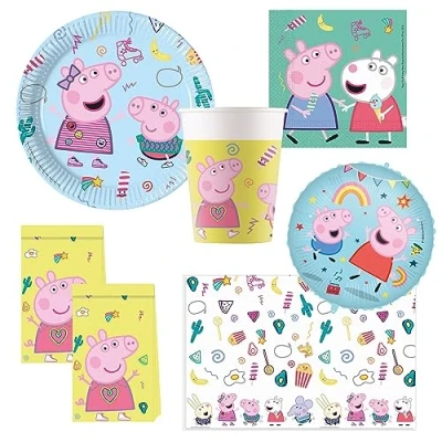 Imagen de Procos 10215314DY Set de fiesta Peppa Pig, vajilla desechable 46 piezas para fiestas cumpleaños infantiles y temáticas, decoración mesa