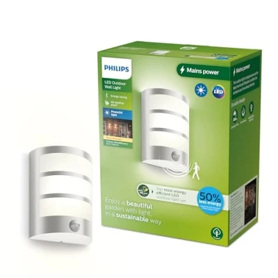 Imagen de Philips Lighting Aplique pared Exterior Ultraeficiente Python, 3.8W, 2700K, Plateado,con sensor movimiento, resistente intemperie IP44
