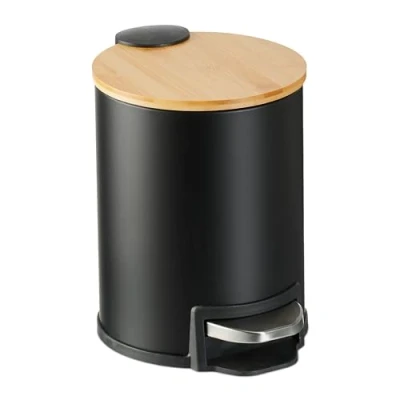 Imagen de Relaxdays Cubo de Basura Baño 3 L, Papelera WC y Tocador, Tapa Bambú Soft Close, Bote Interior Extraíble, Negro, 22.5 x 17 23 cm