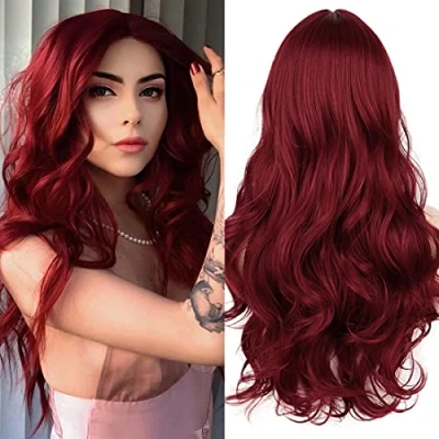 Imagen de ATAYOU® Pelucas Vino Rojo Lace Front Peluca Sintética Roja Con Encaje de Pieza Pequeña 5x2 Pulgadas Wine Red Wig Small (Rojo @ 596)