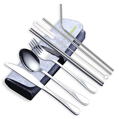 Imagen de HOMQUEN Utensilios portátiles, Juego de Cubiertos Para Viaje, Acero Inoxidable, Incluye Cuchillo/Tenedor/Cuchara/Palillos/Pajitas/Brocha/Estuche Portátil (Plata, 8 Piezas)