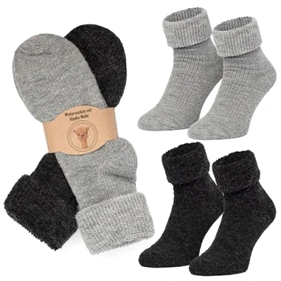 Imagen de MOUNTREX® calcetines de alpaca, lana para hombre y mujer, invierno, térmicos, gruesos, 2 pares, Gris/antracita térmico con sobre, 43 46