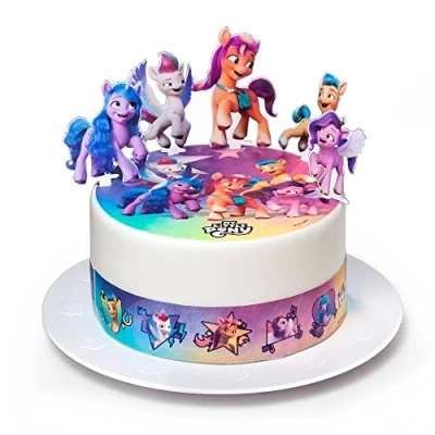 Imagen de Kardasis Decoración de Pastel My Little Pony Papel comestible para decorar Divertidas decoraciones cumpleaños con temática la 20cm + 3 cintas 28x5cm 4 figuras