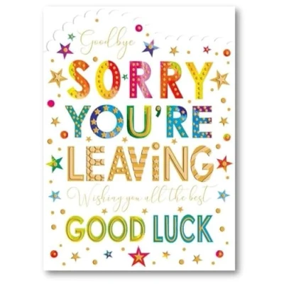Imagen de Noel Tatt Tarjeta con texto en inglés &quot;Sorry You&#039;re Leaving&quot;, mensajes de buena suerte relieve papel aluminio y detalles troquelados, ecológica reciclable