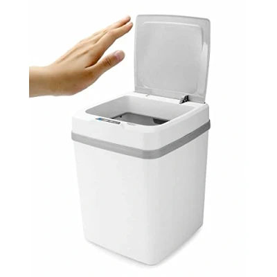 Imagen de QWORK® Cubo Basura Automatico con Tapa, Papelera Inteligente a Prueba de Humedad, Cierre Suave, 12 L, Blanco