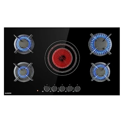 Imagen de Klarstein MultiChef Placa de cocina combi, Gas y zona vitrocerámica, Encastrable, natural/propano, Soporte hierro fundido, 9 niveles potencia, 5 fogones, Negro