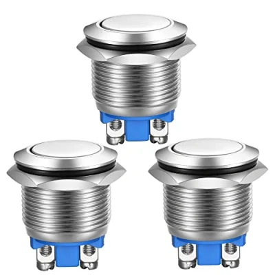 Imagen de Gebildet 3pcs Pulsador Momentáneo,Terminales de Tipo Tornillo, Botón Metal Acero Inoxidable a Prueba Agua 19mm 2A 12V/24V/125V/250V(Cabeza Plana)