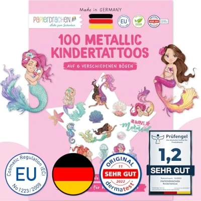 Imagen de Papierdrachen 100 Tatuajes metálicos para pegar infantiles respetuosos con la piel decorativos brillantes como regalo de cumpleaños Vegano Set 7