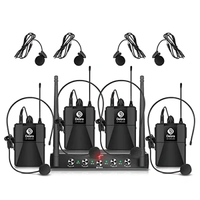 Imagen de D Debra Micrófono inalámbrico de Diadema,Sistema Micrófonos Inalámbricos,Frecuencia Ajustable 100 m Distancia recepción inalámbrica para Fiesta casa DJ Iglesia (con 4 Bodypack (B))
