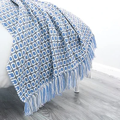 Imagen de LumiSyne Manta De Punto con Flecos Pata Gallo Bohemio Cuadros Comoda Suave Cubresofa Cubrecama Decorativa para Sofá Cama 170x130cm