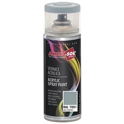 Imagen de AMBRO SOL Pintura acrílica en spray, color Gris Plateado, RAL 7001, resultado profesional múltiples superficies, exteriores e interiores, 400 ml
