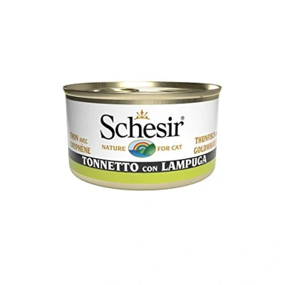 Imagen de Schesir, comida húmeda para gatos adultos, sabor bacoreta con dorado, filetes en gelatina blanda Total 2,04 kg (24 latas x 85 gr) 2040 g
